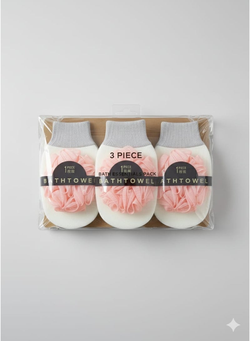 3-Piece Bath Shower Loofah Set with Soft Exfoliating Gloves – Body Scrubber Bath Towel Pack – Blue, Pink & Green - Image 1